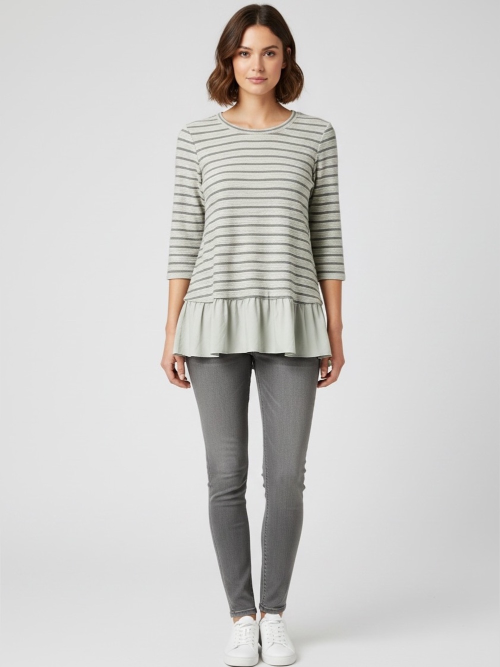 Seafoam and Gray Striped Top with Ruffle Hem    size XS